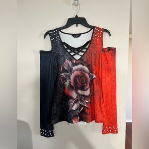 Edgy Red and Black Rose Cold Shoulder y2k Top